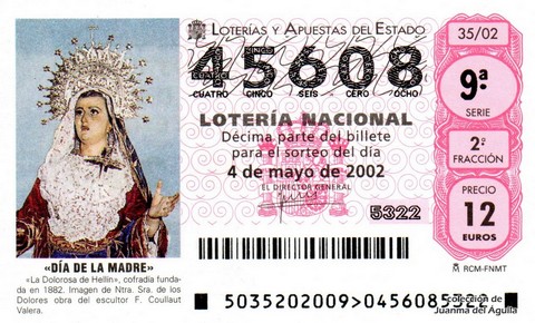 Décimo de Lotería Nacional de 2002 Sorteo 35 - «DÍA DE LA MADRE»