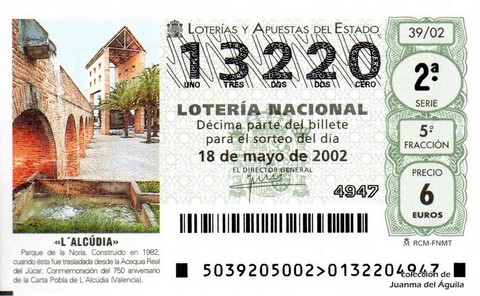 Décimo de Lotería Nacional de 2002 Sorteo 39 - «L'ALCÚDIA»