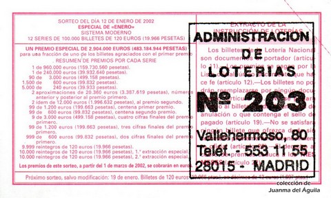 Reverso décimo de Lotería 2002 / 3