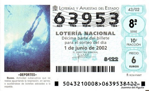 Décimo de Lotería Nacional de 2002 Sorteo 43 - «DEPORTES» - BUCEO
