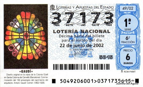Décimo de Lotería Nacional de 2002 Sorteo 49 - «GAUDÍ»