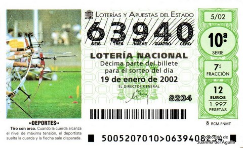 Décimo de Lotería Nacional de 2002 Sorteo 5 - «DEPORTES» - TIRO CON ARCO