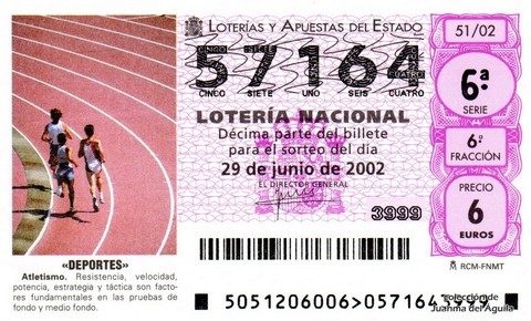 Décimo de Lotería Nacional de 2002 Sorteo 51 - «DEPORTES» - ATLETISMO
