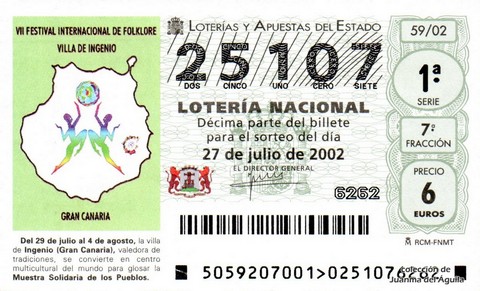 Décimo de Lotería Nacional de 2002 Sorteo 59 - VII FESTIVAL INTERNACIONAL DE FOLKLORE VILLA DE INGENIO - GRAN CANARIA