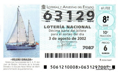 Décimo de Lotería Nacional de 2002 Sorteo 61 - «VELERO GIRALDA»