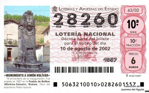 Décimo de Lotería Nacional de 2002 Sorteo 63 - «MONUMENTO A SIMÓN BOLÍVAR»
