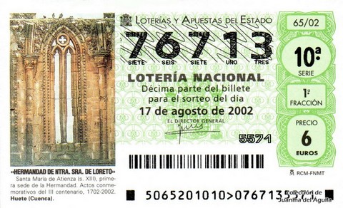 Décimo de Lotería Nacional de 2002 Sorteo 65 - «HERMANDAD DE NTRA. SRA. DE LORETO»