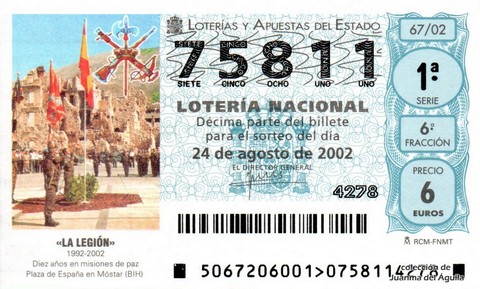 Décimo de Lotería Nacional de 2002 Sorteo 67 - «LA LEGIÓN»