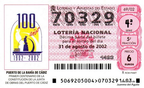 Décimo de Lotería Nacional de 2002 Sorteo 69 - PUERTO DE LA BAHÍA DE CÁDIZ