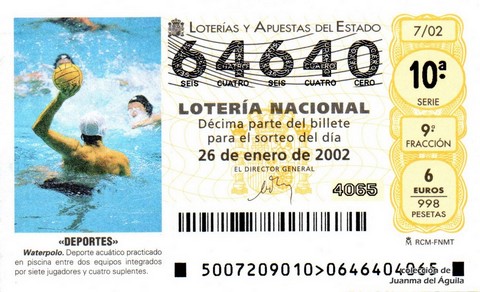Décimo de Lotería Nacional de 2002 Sorteo 7 - «DEPORTES» - WATERPOLO