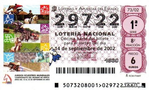 Décimo de Lotería Nacional de 2002 Sorteo 73 - JUEGOS ECUESTRES MUNDIALES