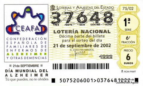 Décimo de Lotería Nacional de 2002 Sorteo 75 - 21 DE SEPTIEMBRE - DÍA MUNDIAL DEL ALZHEIMER