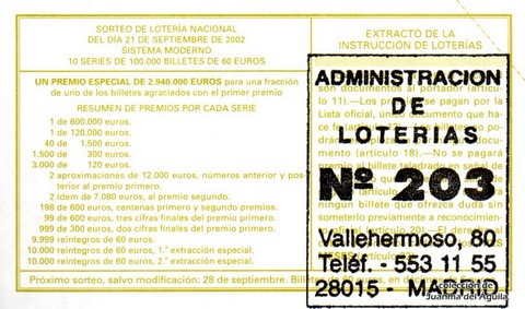 Reverso décimo de Lotería 2002 / 75
