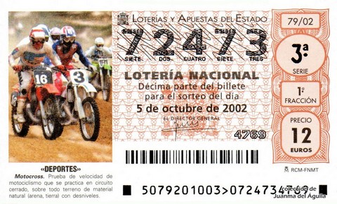 Décimo de Lotería Nacional de 2002 Sorteo 79 - «DEPORTES» - MOTOCROSS