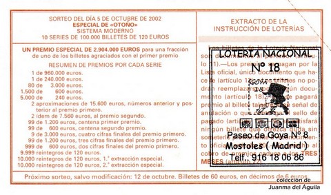 Reverso décimo de Lotería 2002 / 79