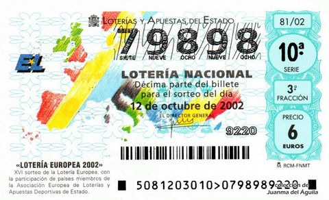 Décimo de Lotería Nacional de 2002 Sorteo 81 - «LOTERÍA EUROPEA 2002»