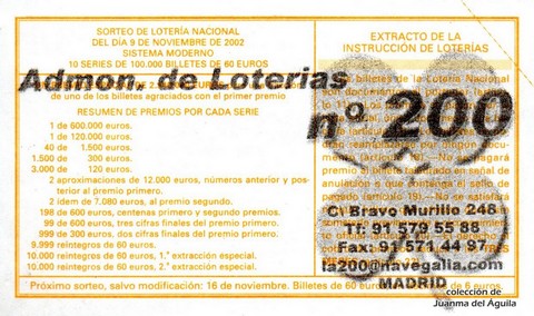 Reverso décimo de Lotería 2002 / 89