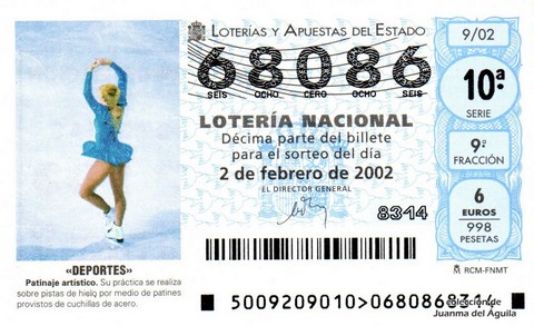 Décimo de Lotería Nacional de 2002 Sorteo 9 - «DEPORTES» - PATINAJE ARTISTICO