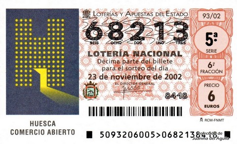 Décimo de Lotería Nacional de 2002 Sorteo 93 - HUESCA - COMERCIO ABIERTO