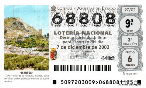 Décimo de Lotería Nacional de 2002 Sorteo 97 - «MARTOS»