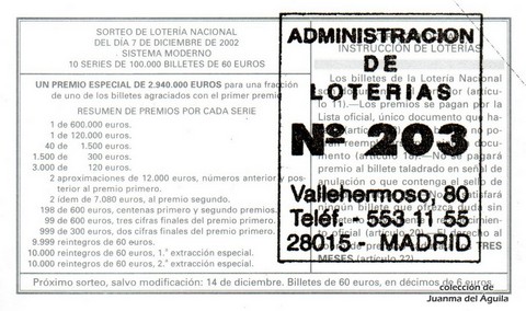 Reverso décimo de Lotería 2002 / 97