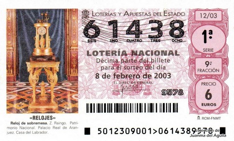 Décimo de Lotería Nacional de 2003 Sorteo 12 - «RELOJES» - RELOJ DE SOBREMESA. Z. RAINGO.