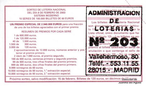 Reverso décimo de Lotería 2003 / 12