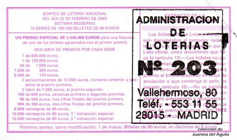Reverso del décimo de Lotería Nacional de 2003 Sorteo 16