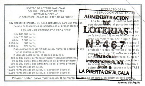 Reverso del décimo de Lotería Nacional de 2003 Sorteo 18