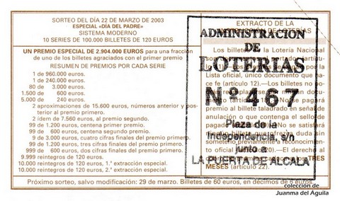 Reverso del décimo de Lotería Nacional de 2003 Sorteo 24