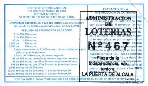 Reverso del décimo de Lotería Nacional de 2003 Sorteo 26
