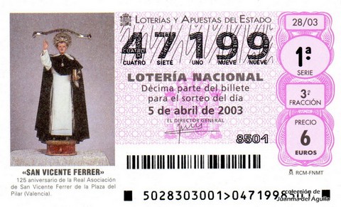 Décimo de Lotería Nacional de 2003 Sorteo 28 - «SAN VICENTE FERRER»