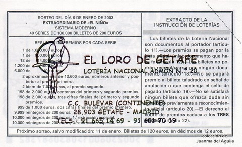 Reverso décimo de Lotería 2003 / 2