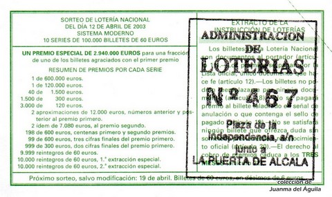 Reverso del décimo de Lotería Nacional de 2003 Sorteo 30