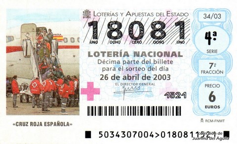 Décimo de Lotería Nacional de 2003 Sorteo 34 - «CRUZ ROJA ESPAÑOLA»