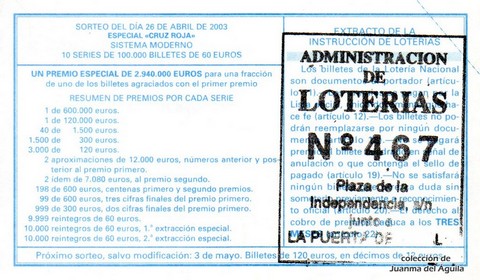 Reverso del décimo de Lotería Nacional de 2003 Sorteo 34