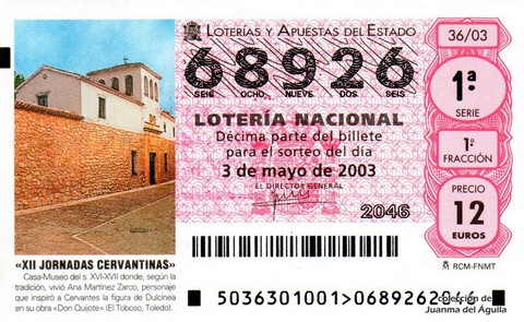Décimo de Lotería Nacional de 2003 Sorteo 36 - «XII JORNADAS CERVANTINAS»
