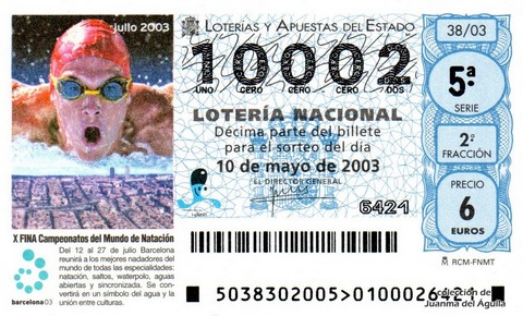 Décimo de Lotería Nacional de 2003 Sorteo 38 - «X FINA Campeonatos del Mundo de Natación» 