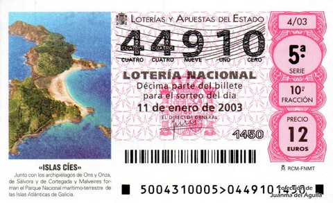 Décimo de Lotería Nacional de 2003 Sorteo 4 - «ISLAS CÍES»