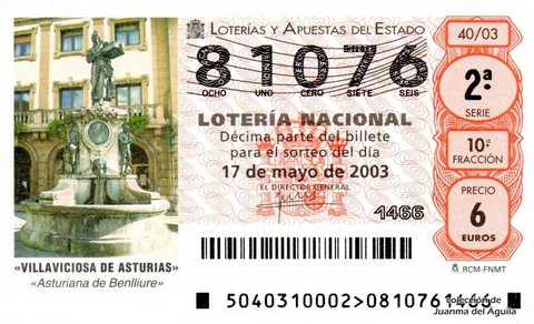 Décimo de Lotería Nacional de 2003 Sorteo 40 - «VILLAVICIOSA DE ASTURIAS»