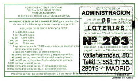Reverso del décimo de Lotería Nacional de 2003 Sorteo 42