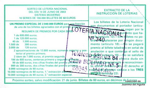 Reverso del décimo de Lotería Nacional de 2003 Sorteo 48
