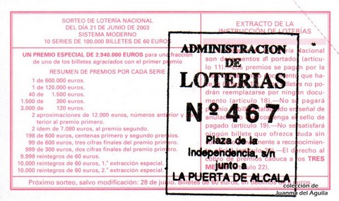 Reverso del décimo de Lotería Nacional de 2003 Sorteo 50
