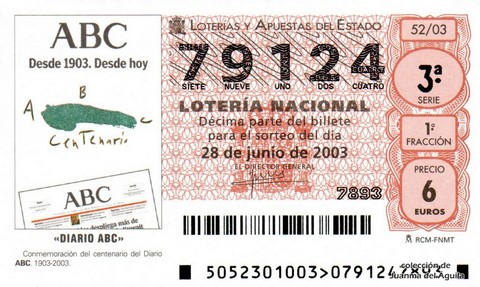 Décimo de Lotería Nacional de 2003 Sorteo 52 - «DIARIO ABC»