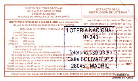 Reverso del décimo de Lotería Nacional de 2003 Sorteo 52