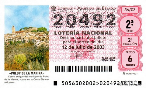 Décimo de Lotería Nacional de 2003 Sorteo 56 - «POLOP DE LA MARINA»