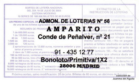 Reverso del décimo de Lotería Nacional de 2003 Sorteo 58