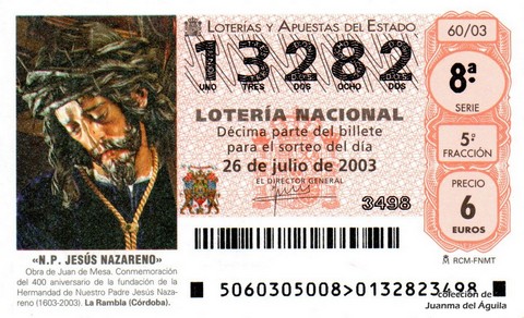 Décimo de Lotería Nacional de 2003 Sorteo 60 - «N. P. JESÚS NAZARENO»