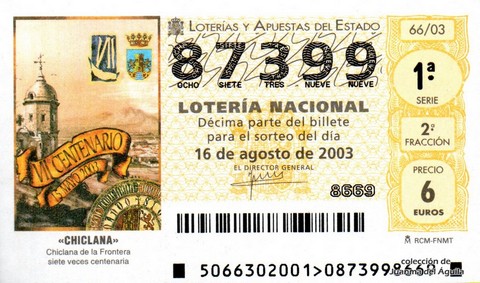 Décimo de Lotería Nacional de 2003 Sorteo 66 - «CHICLANA»
