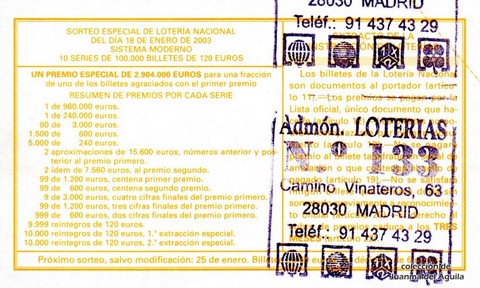 Reverso del décimo de Lotería Nacional de 2003 Sorteo 6